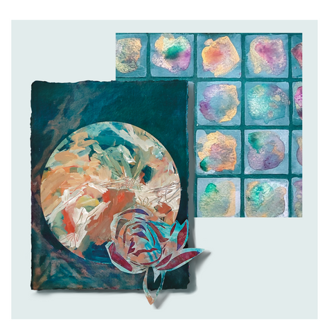Pictured are abstract paintings by California Artist Kat Furtado. Front left is a botanical abstract with collage elements. The background is teal and dark green while the foreground has peachy red expressions. To the right and In the background is an acrylic and watercolor mixed media grid painting with watercolor splotches in metallic jewel tones. 